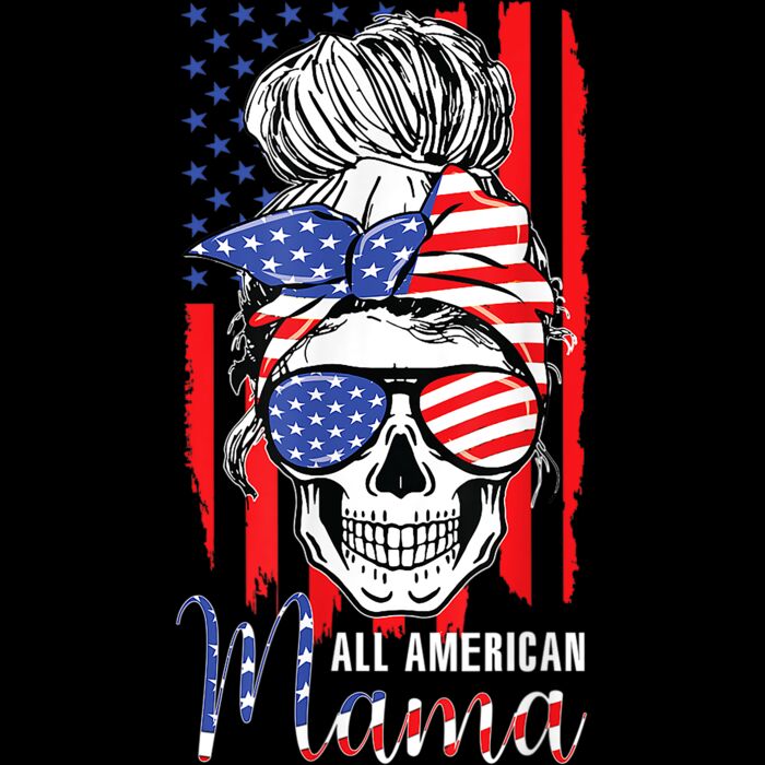 All American Mama USA Flag Messy Bun Skull Mom 4th Of July T Shirt Thumbnail